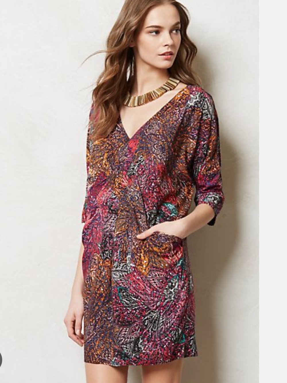 Anthropologie Edme & Esyllte Purple Green V-Neck Tunic Dress with Pockets
